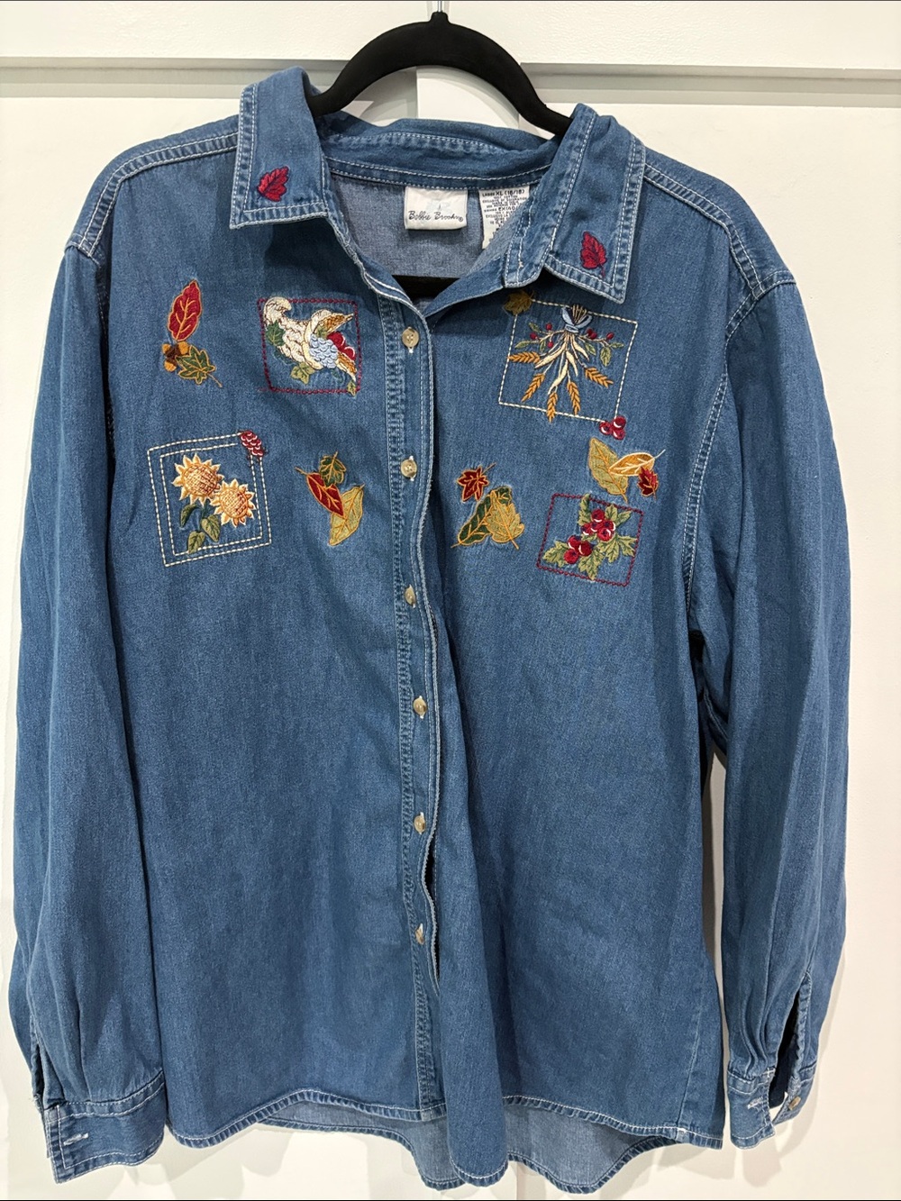 Bobbie Brooks Denim Button-Down Shirt with Red, Yellow & Green Embroidery
